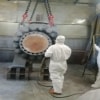 PIX SHOWING BEFORE BLASTING, AFTER BLATSING & APPLICATION OF PRIMMER ON 20’’X20’’ 900 SERIES BALL VALVE.